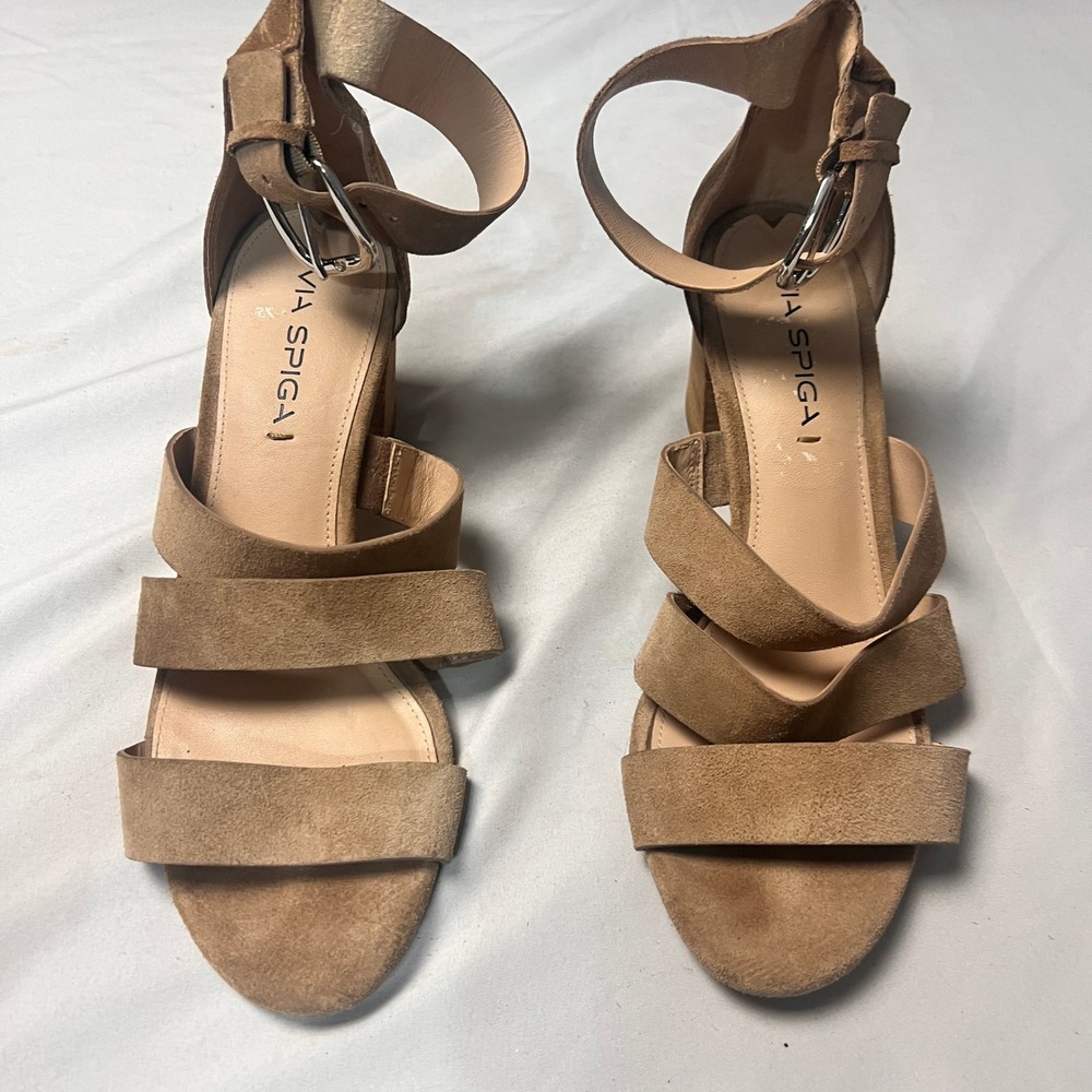 Via Spiga Tan Suede Block Heel Strappy Sandals Ankle Strap Buckle Womens 8.5M